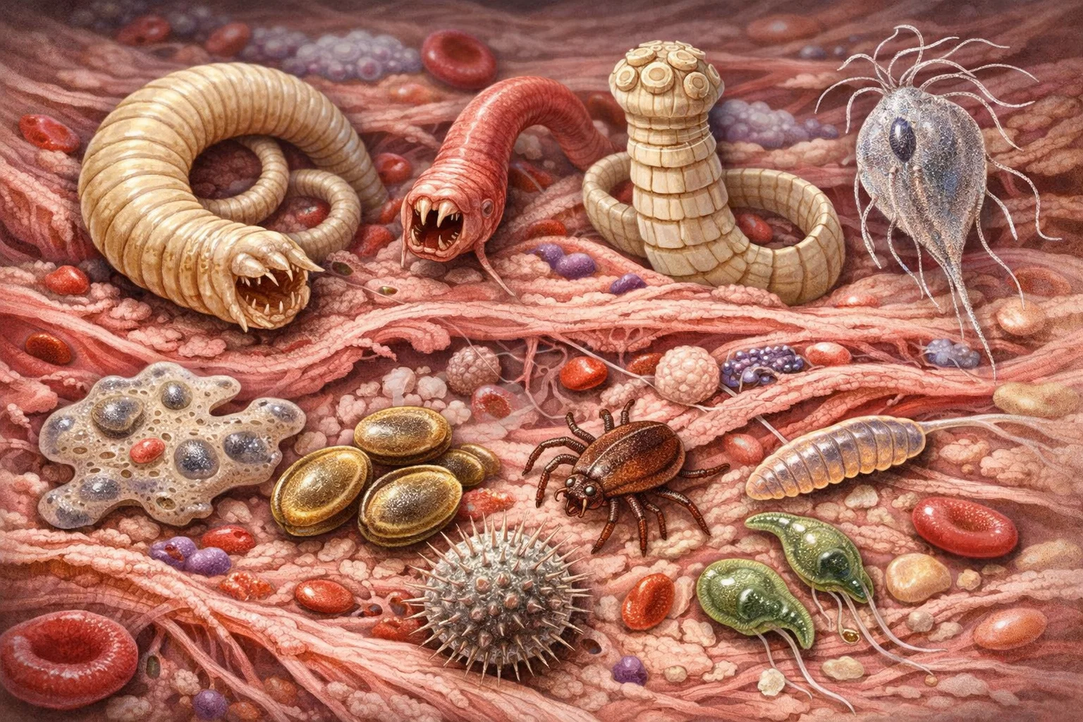 Microscopic view of parasitic organisms in tissue, detailed medical illustration showing various types of parasites