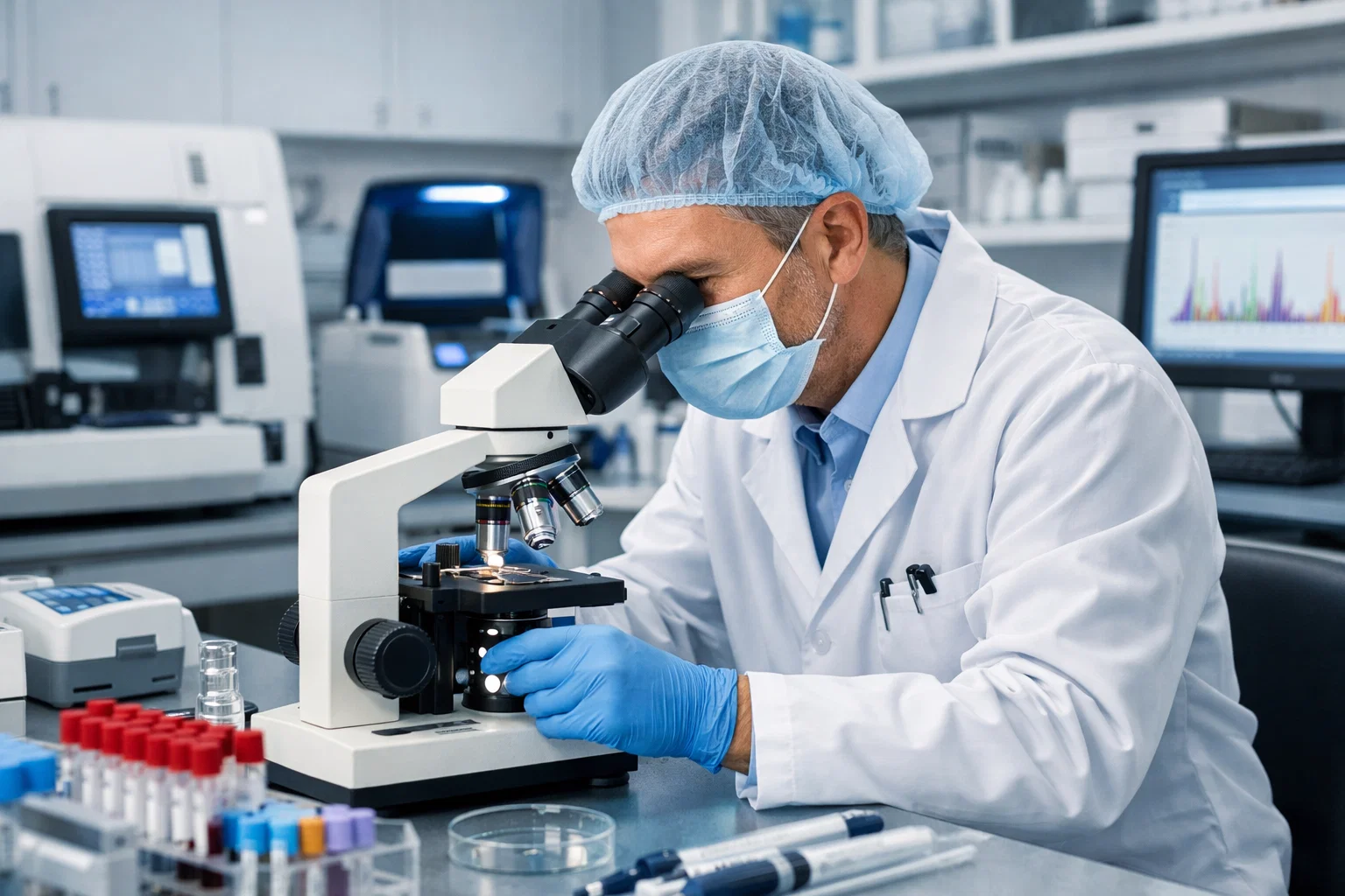 Doctor in laboratory analyzing samples under a microscope, modern diagnostic equipment, professional medical environment